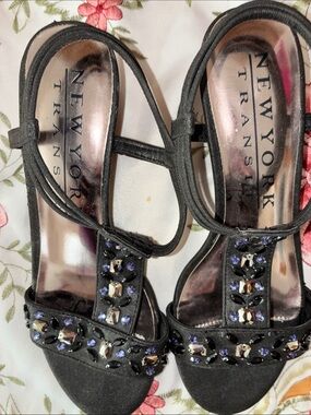 New York Transit Black Jeweled Strappy Heels